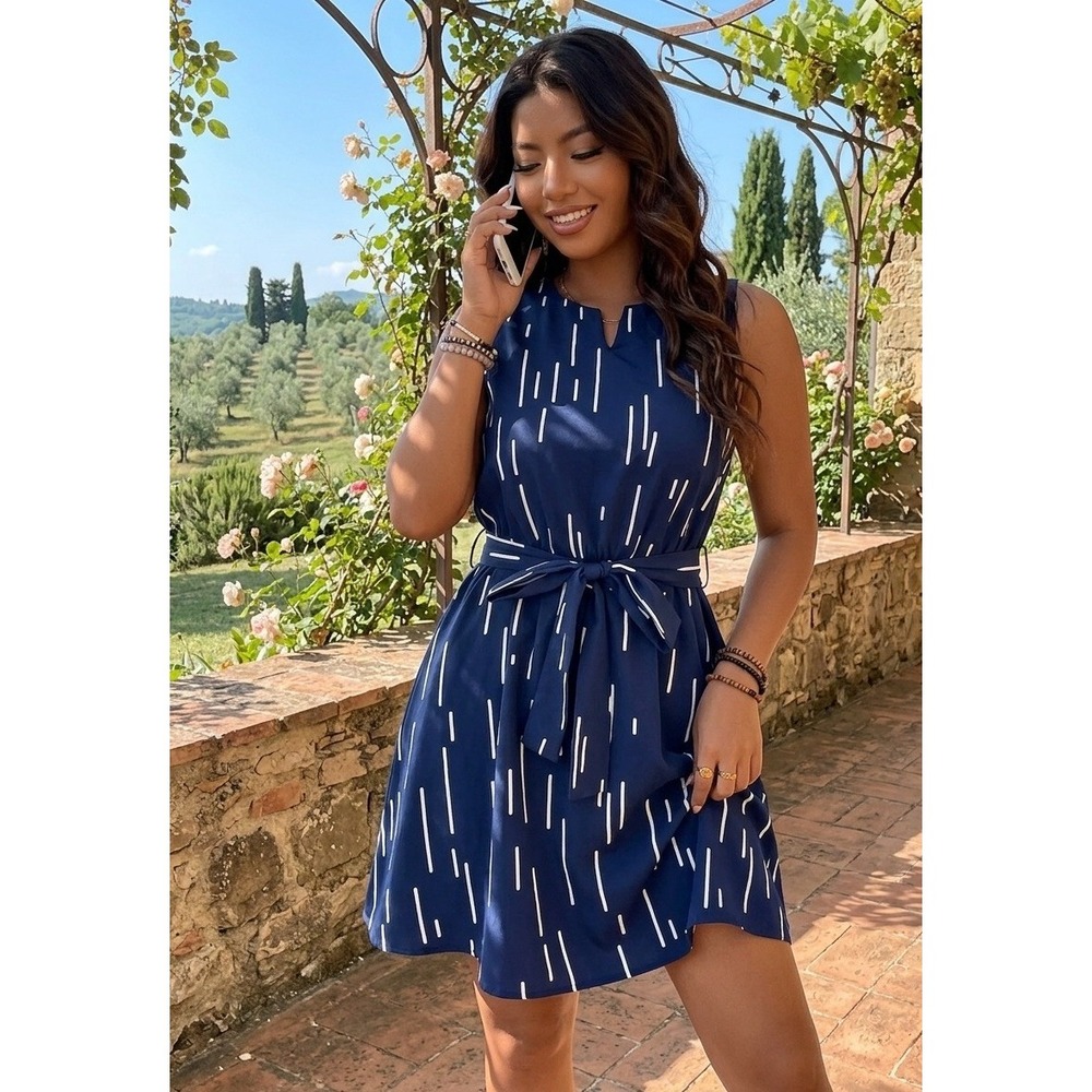 SHEIN Navy Blue White Dash Print Sleeveless Fit and Flare Belted Dress Size 6 M